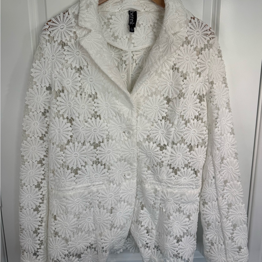 berek White Daisy Lace Blazer Floral Textured Button Front Large - Picture 2 of 13